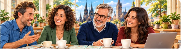 Vier cursisten praten ontspannen samen aan de keukentafel